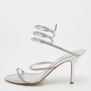 René Caovilla Metallic Silver Leather Crystal Cleo Ankle Strap Sandals Size 39.5
