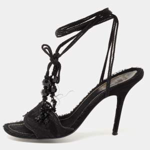 René Caovilla Black Suede and Lace Embellished Ankle Tie Sandals Size 38.5