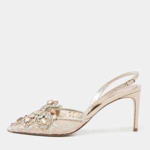 René Caovilla Golden Lace And Leather Crystals Embellished Veneziana Slingback Pumps Size 38
