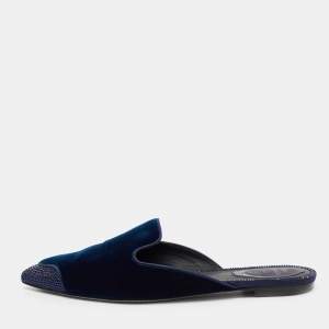 René Caovilla Navy Blue Velvet Crystal Embellished Pointed Toe Flat Mule Size 37