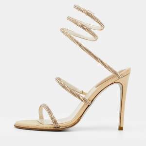 René Caovilla Metallic Gold Satin Cleo Crystal Embellished Sandals Size 37