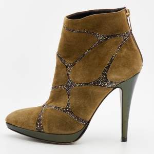 René Caovilla Khaki Green Suede Crystal Embellished Ankle Boots Size 37