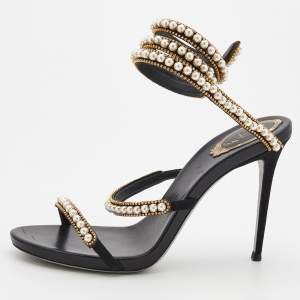 René Caovilla Black Suede Pearl Crystal Embellished Snake Ankle Wrap Sandals Size 39