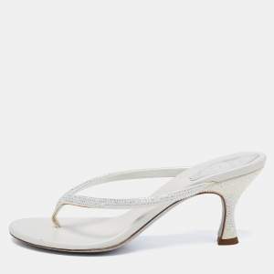 René Caovilla Off-White Satin Crystal Embellished Thong Sandals Size 38