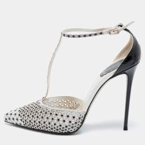 Rene Caovilla Black/White Satin And Patent Leather Embellished Ankle Strap Sandals Size 41