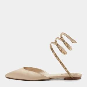 René Caovilla Beige Satin Crystal Embellished Flat Sandals Size 38