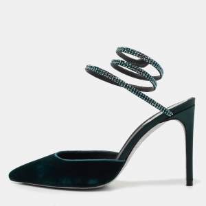 Rene Caovilla Dark Green Velvet Cleo Crystal Embellished Ankle Wrap Pumps Size 37