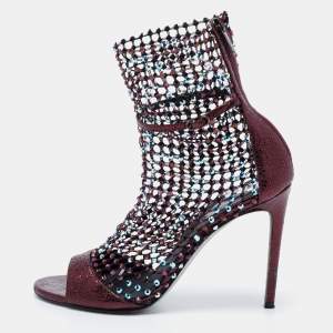 Rene Caovilla Metalic Red Texture Leather And Mesh Crystal Embellished Galaxia Sandals Size 38