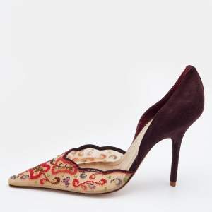 René Caovilla Multicolor Beads Embroidered Mesh and Suede D'orsay Pumps Size 38