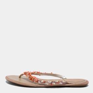 René Caovilla Gold/Beige Satin Embellished Thong  Sandals Size 39