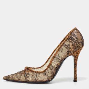 René Caovilla Brown/Black Lace and Calf Hair Bow Pointed Toe Pumps Size 40