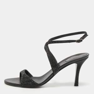 René Caovilla Black Satin Crystal Embellished Ankle Strap Sandals Size 40