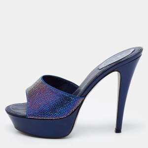 René Caovilla Navy Blue Satin and Leather Crystals Embellished Platform Sandals Size 38.5