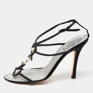 Rene Caovilla Black Satin Embellished Ankle Strap Sandals Size 40