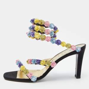 René Caovilla Multicolor Floral Sequins Embellished Ankle Coil Sandals Size 38.5
