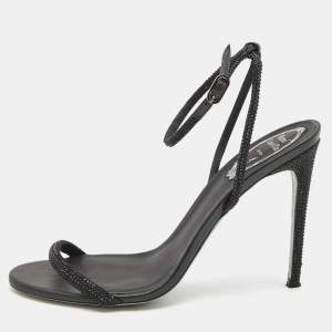 Rene Caovilla Black Satin Crystal Embellished Heel Sandals Size 39