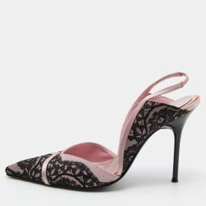 René Caovilla Black/Pink Lace and Satin Pointed Toe Slingback Pumps Size 37
