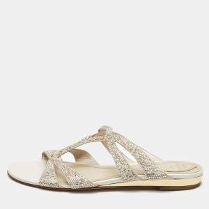 Rene Caovilla White Satin and Leather Embellished Flat Slides Size 41