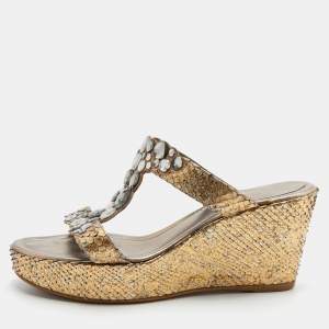 René Caovilla Gold Snakeskin Crystal Embellished Wedge Sandals Size 39