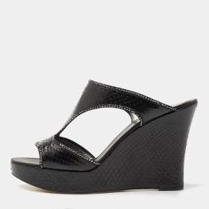 René Caovilla Black Python Crystal Embellished Wedge Sandals Size 41