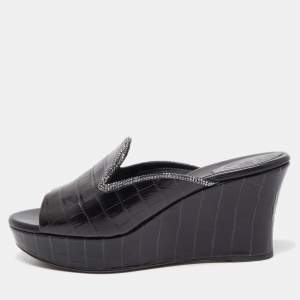 René Caovilla Black Croc Embossed Leather Crystal Embellished Platform Wedge Slide Sandals Size 40