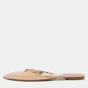 Renè Caovilla Beige Patent Leather Pearl Embellished Pointed Toe Flat Slides Size 38.5