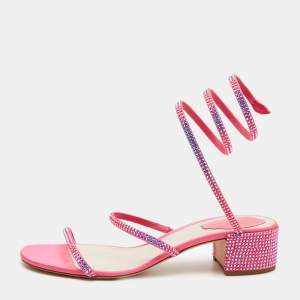 René Caovilla Pink Crystal Embellished Satin Cleo Ankle Wrap Sandals Size 39