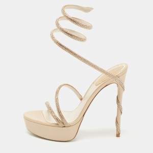 René Caovilla Beige Crystal Embellished Satin Margot platform Ankle Wrap Sandals Size 38
