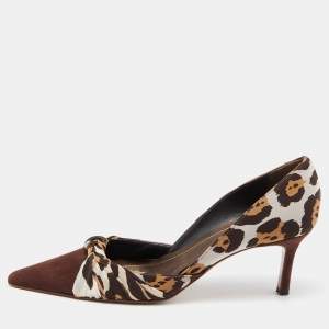 René Caovilla Brown Leopard Print Fabric and Suede Knotted Pointed Toe Pumps Size 38
