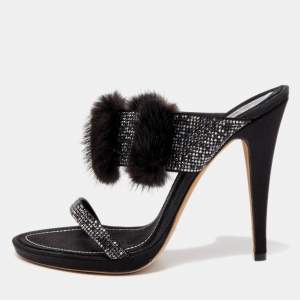 René Caovilla Black Crystal Embellished Satin and Fur Slide Sandals Size 41 