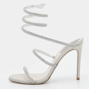 René Caovilla Silver Crystal Embellished Satin Cleo Ankle Wrap Sandals Size 37.5
