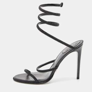 Rene Caovilla Black Leather Crystal Embellished Cleo Ankle Wrap Sandals Size 40