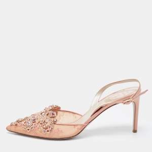 René Caovilla Pink Lace and Leather Crystal Embellished Slingback Pumps Size 39.5