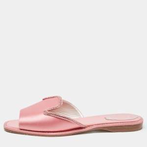 Rene Caovilla Pink Satin Crystal Embellished Flat Slides Size 40