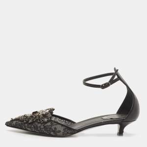René Caovilla Black Leather and Mesh Crystal Embellished Ankle Strap Pumps Size 37