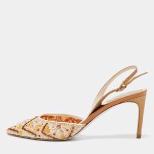 René Caovilla Beige Fabric And Leather Crystal Embellished Pointed Toe Slingback Sandals Size 39