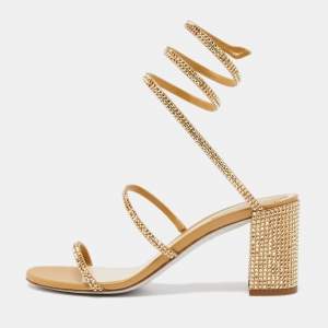 Rene Caovilla Metallic Gold Leather and Crystal Embellished Ankle Wrap Sandals Size 38