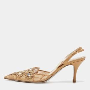 Rene Caovilla Brown Leather and Lace Crystal Embellished Slingback Pumps Size 38.5