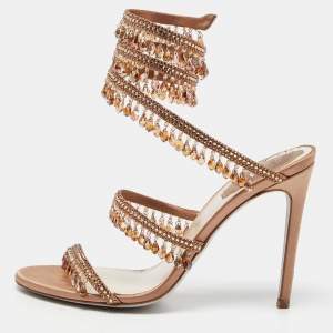 Rene Caovilla Beige Satin Crystal Embellished Chandelier Ankle Wrap Sandals Size 37