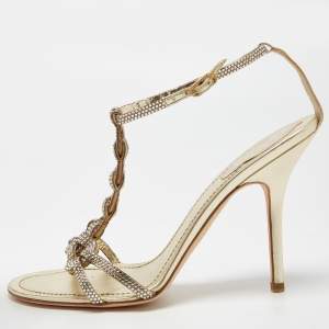 René Caovilla Metallic Gold Crystal Embellished Leather Ankle Strap Sandals Size 38.5