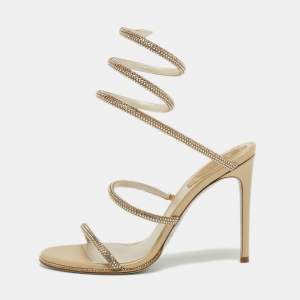 Rene Caovilla Gold Crystal Embellished Satin Cleo Ankle Wrap Sandals Size 36