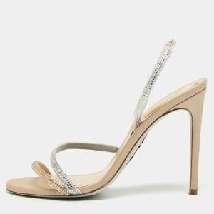 Rene Caovilla Beige/Silver Leather Irina Crystals Sandals Size 38