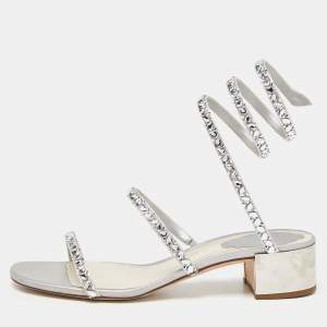 René Caovilla Silver Crystal Embellished Satin Cleo Sandals Size 36