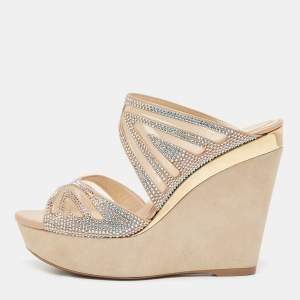 René Caovilla Beige Crystal Embellished Satin Wedge Platform Slide Sandals Size 36