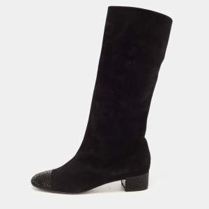 Rene Caovilla Black Suede Crystal Embellished Mid Calf Boots Size 37