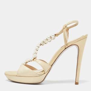 Rene Caovilla Beige Canvas Pearl T Strap Sandals Size 37