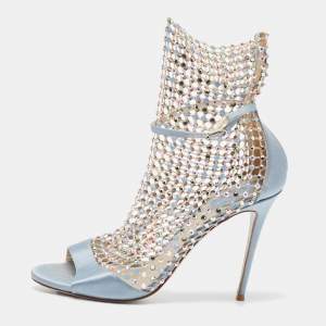 René Caovilla Blue Satin and Crystal Embellished Mesh Galaxia Sandals Size 39