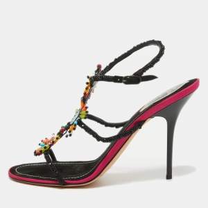 René Caovilla Black Satin Embellished Slingback Sandals Size 39