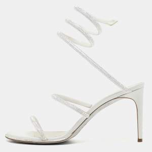 Rene Caovilla White Leather Crystal Embellished Ankle Wrap Sandals Size 41