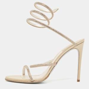René Caovilla Gold Leather Crystal Embellished Cleo Ankle Strap Sandals Size 41